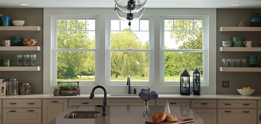 Tuscany Series vinyl single hung windows with valance grid